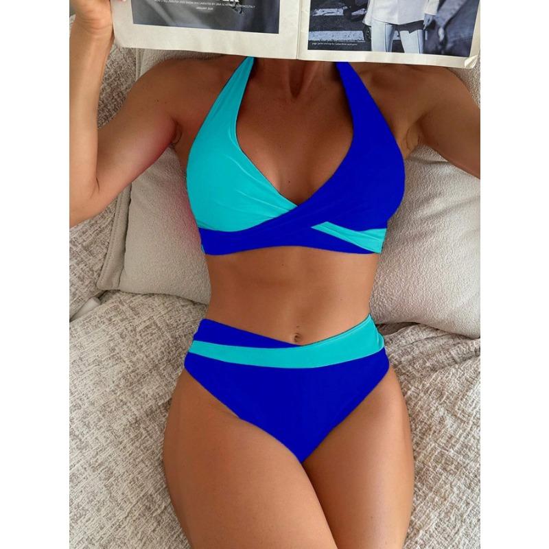 Women's Neon Pink Black Color Block Twist Front Bikini Set High Waist Two Piece Swimsuit