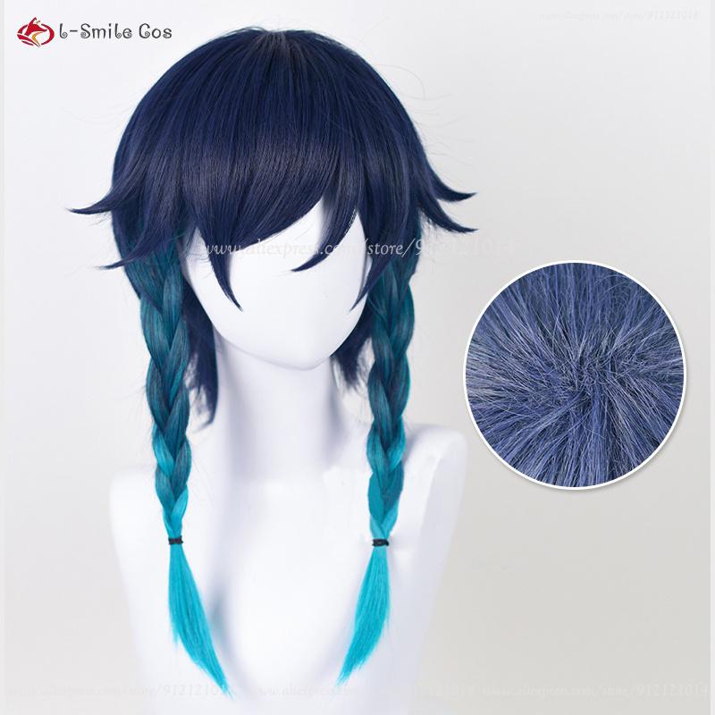 New Venti Cosplay Wig Barbatos Venti 42cm Short Blue Gradient Heat Resistant Synthetic Hair Party Wigs + Wig Cap