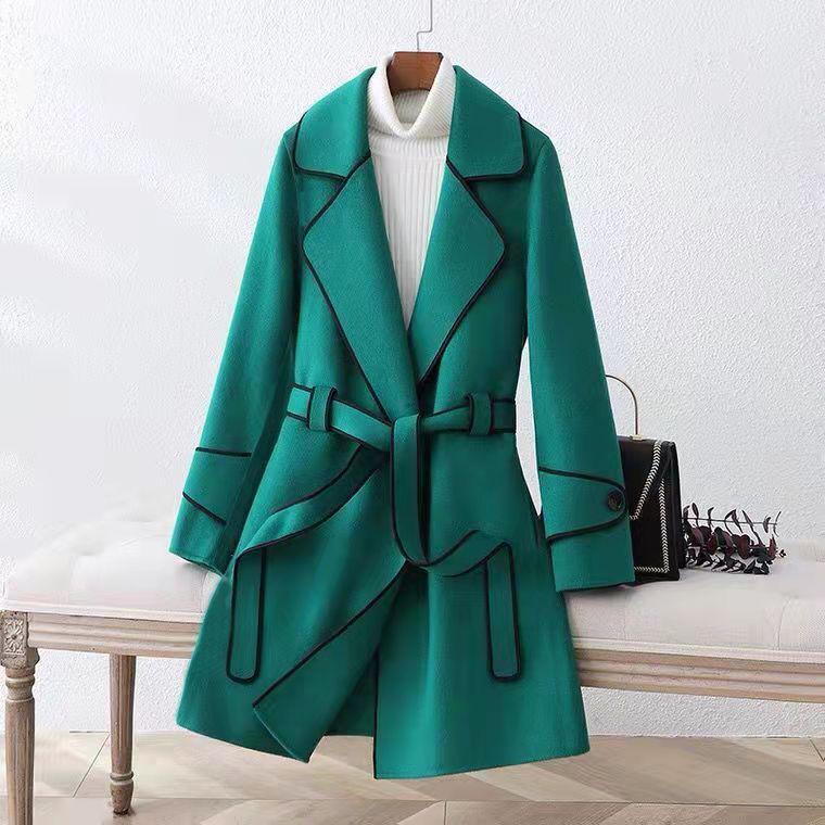 Korean Style Women's Slimming Imitation Cashmere Wool Coat - Color Block Mid-Length for Autumn and Winter