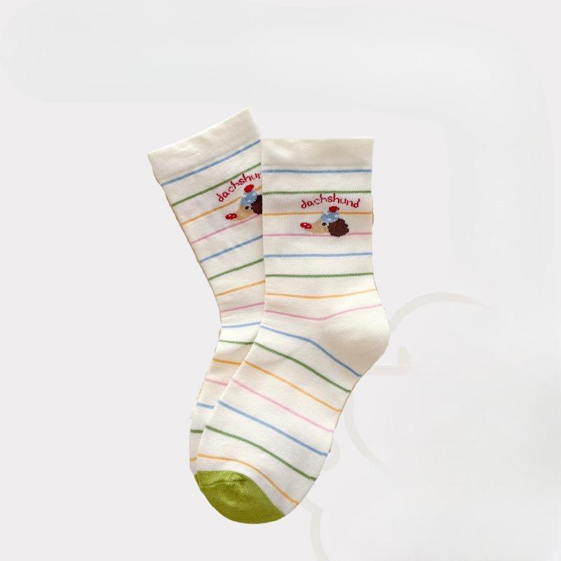 Women's Mid-calf Socks, Pure Cotton Spring and Autumn Thin Pile Socks, Trendy Socks, Cotton Socks, Summer Cartoon Striped Dachshund