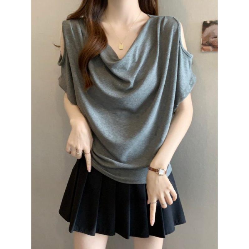 Women's Cowl Neck Short Sleeve Cold Shoulder Tunic Top Batwing Loose Fit Plus Size Elegant Commuter Solid Color Tee Summer Blouse