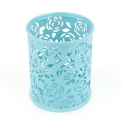 Office Desk Hollow Rose Flower Pattern Pen Pencil Pot Holder Container Organizer(Blue)