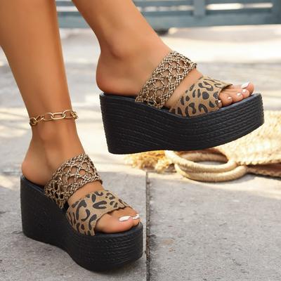Fashion Women Wedge Slippers High Heels Peep ToeL Eopard Platform Sandals Ladies Thick Sole Summer Slides Women Shoes Zapatillas Mujer