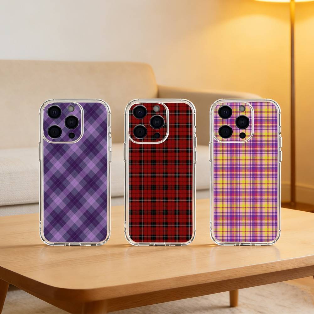 Cool P-Purple P-Plaid Pattern Phone Case For iPhone 17 16 15 14 13 12 11 Mini Pro Max Plus Transparent Cover