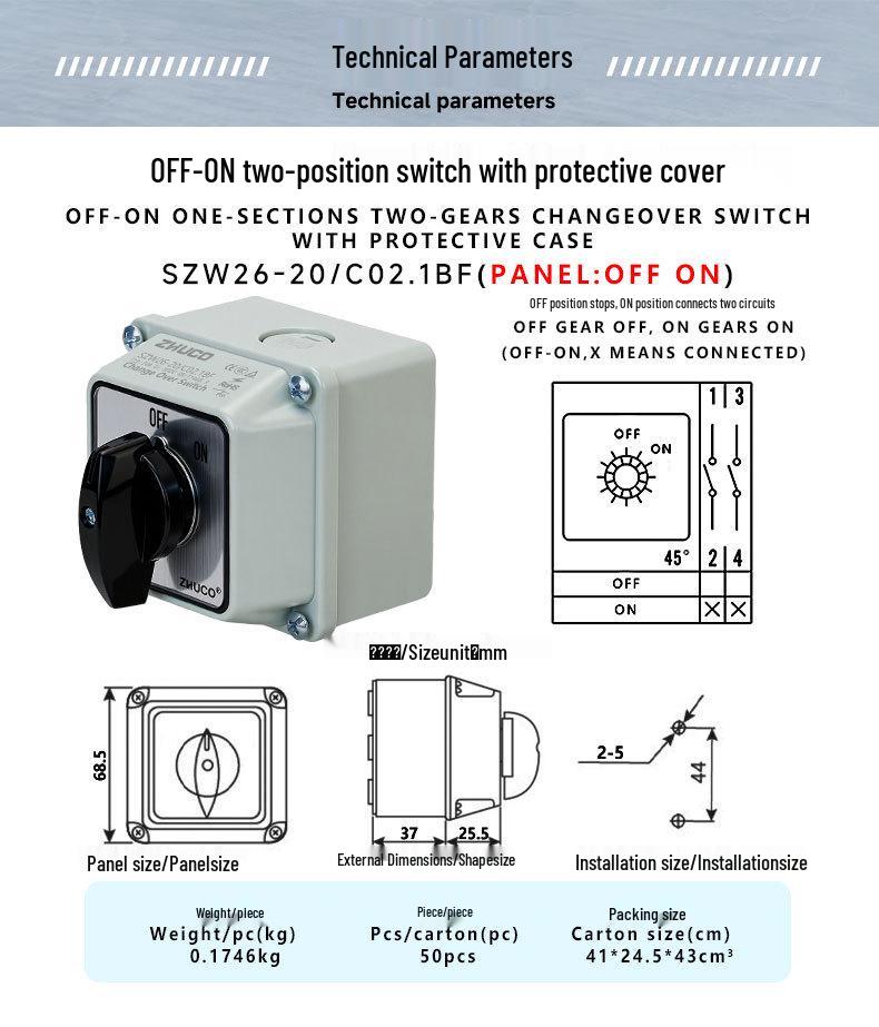 Zhuochao SZW26-20/C02.1BF Rotary Switch: Universal, Two Gears, Protective Box, ON/OFF.