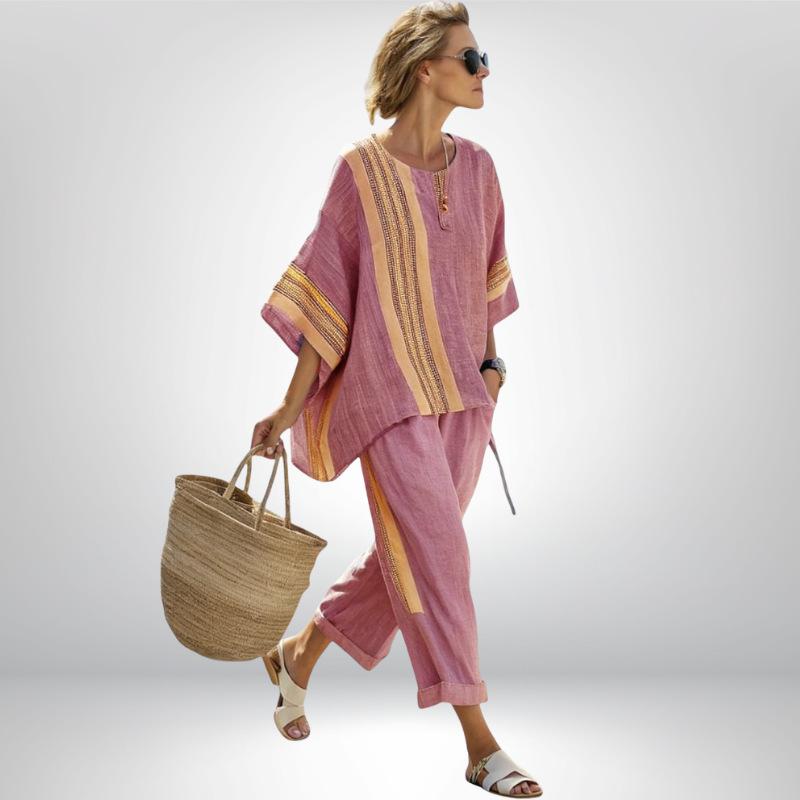 European Beautiful Women's Striped + Linen Top Summer Style Loose Version Casual Versatile Suit