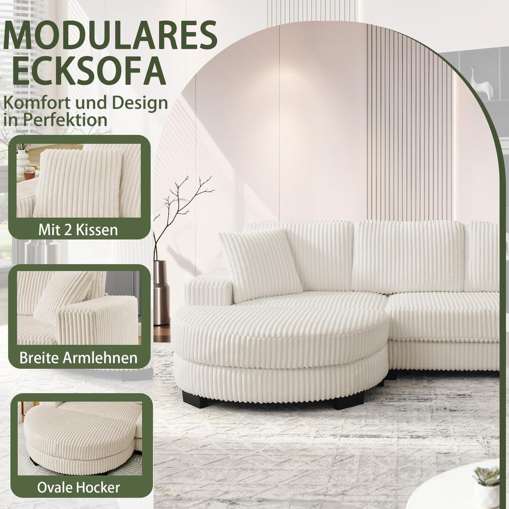 Divano ad Angolo a L - 4 Posti, 256,5 x 133,5 x 89 cm, Velluto a Coste Classico, Design Modulare con Pouf Ovale, 2 Cuscini Inclusi, Beige