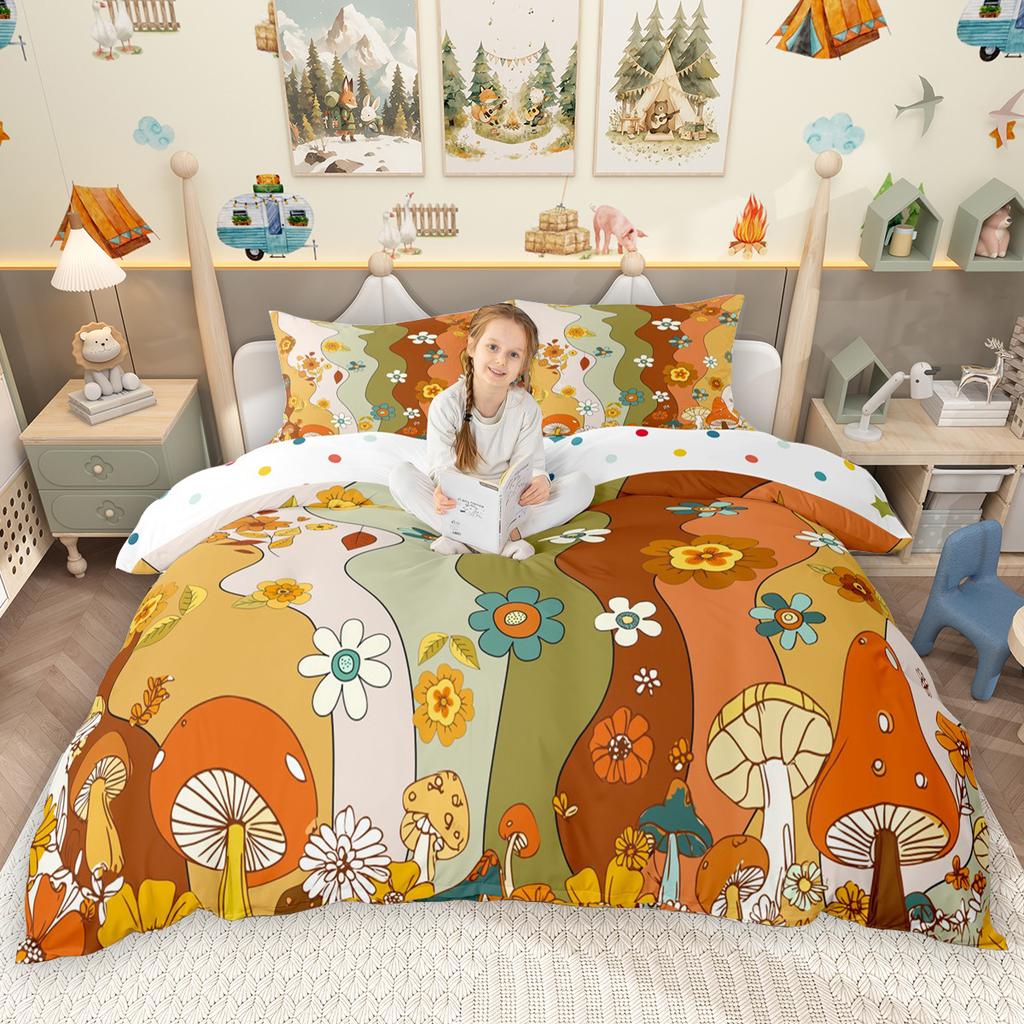 Homewish Kawaii Cherry Bowknot Duvet Cover Set Cute Groovy Flower Bed Set Cartoon Rainbow Quilt Cover Set