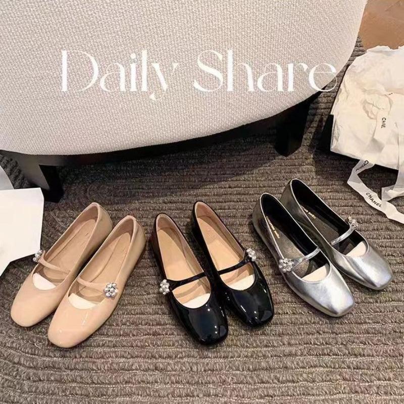 Fashion Flat Shoes for Women 2025 Spring and Autumn Casual Diamonds Square Toe Pure Color Mary Jane Ballet Shoes for Women Ladies