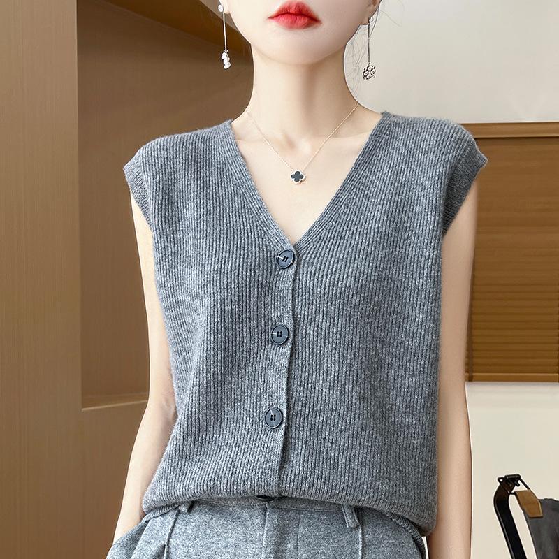 100% Pure Wool V-neck Solid Color Sleeveless Cardigan Vest - Spring & Autumn Collection