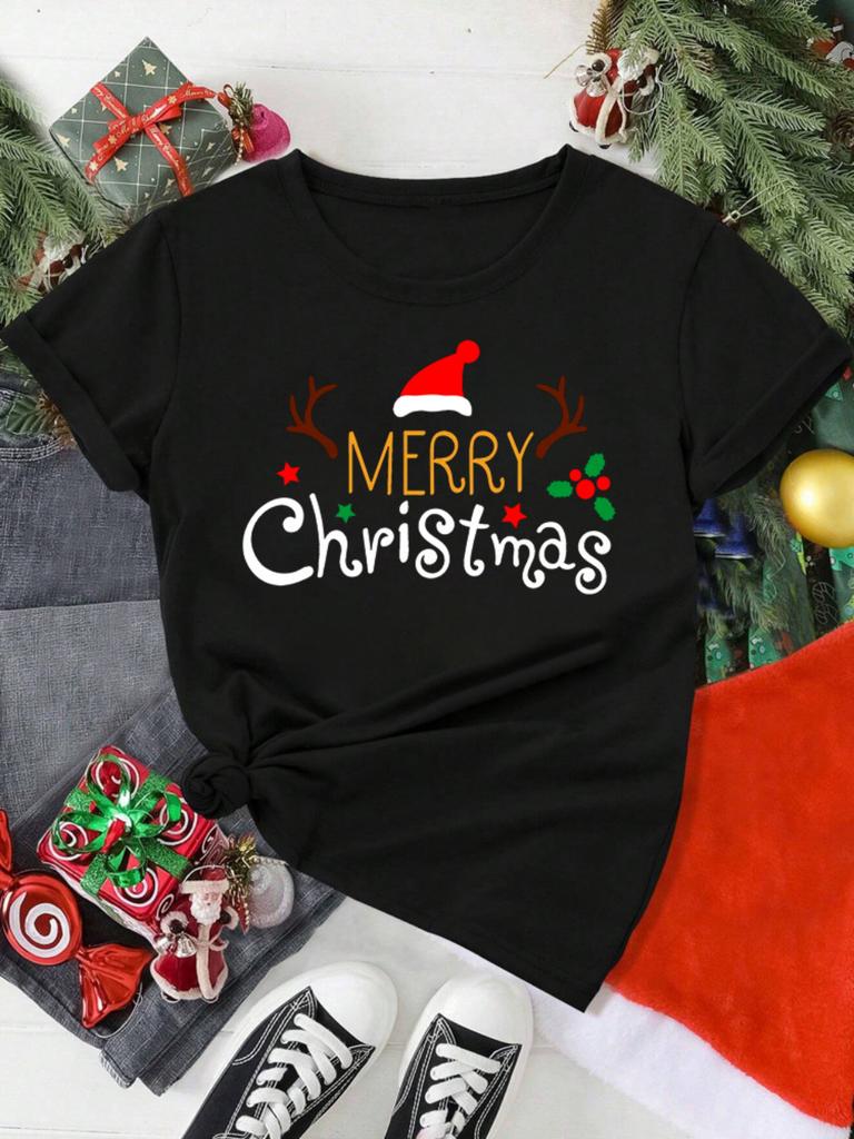 Merry Christmas Tshirt Christmas Hat Antlers Tshirt Fashion White Tee Clothes Print Womens Casual Graphic Short Sleeve Tshirts