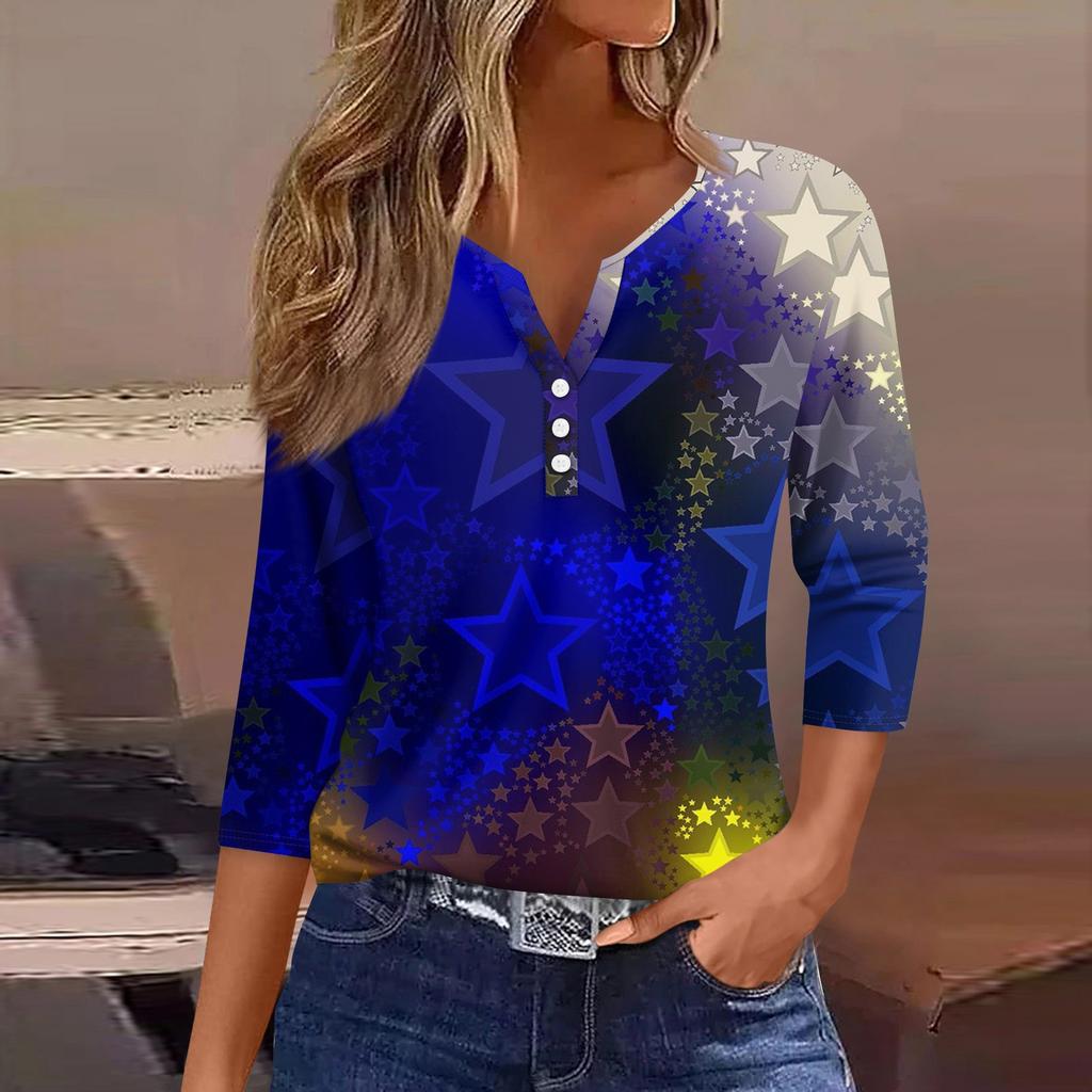 3/4 Length Sleeve Womens Tops Print Vintage Fashion Casual Loose With V Neck Plus Size Shirts Independence Day