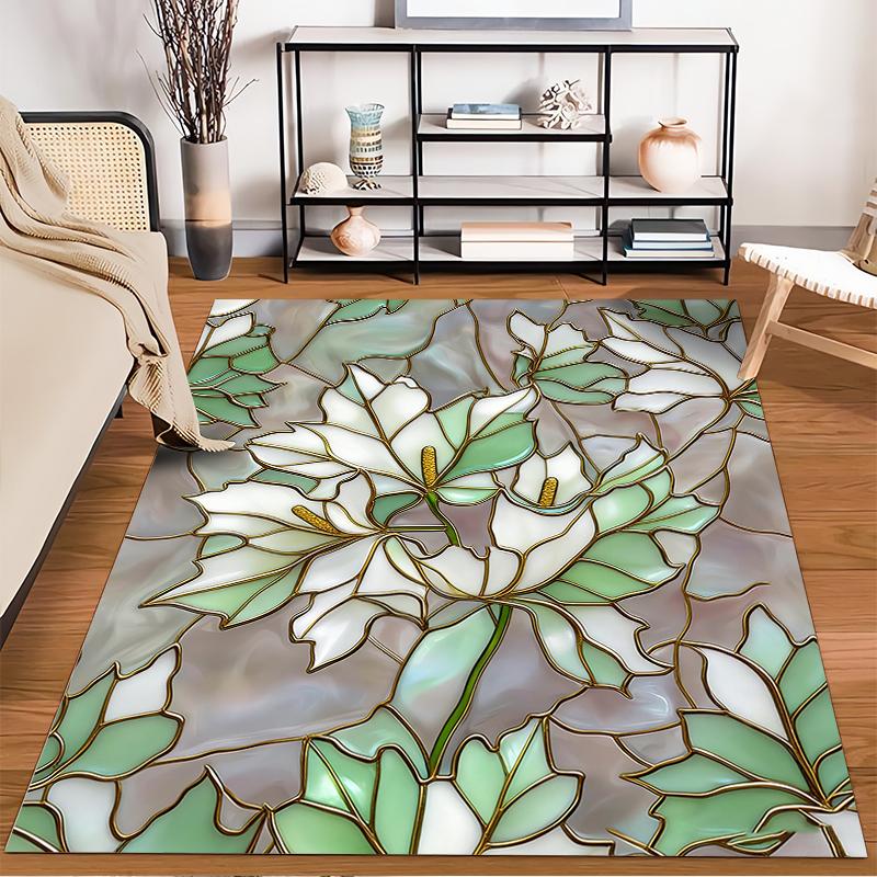 Stained Glass Effect Floral Carpet with Green and White Leaf Design Suitable for use as an anti-slip for living room bedroom sofas