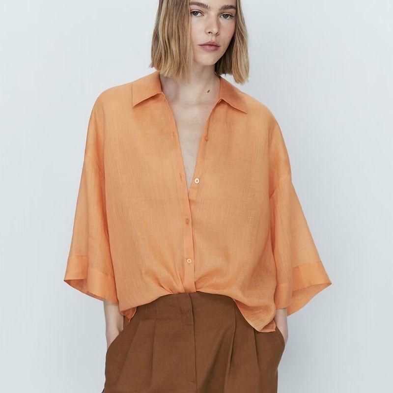 

MD Women s Clothing 2023 Summer New Arrival Dopamine Color Thin Ramie Profile Short Sleeve Shirt 05144658146 Orange L