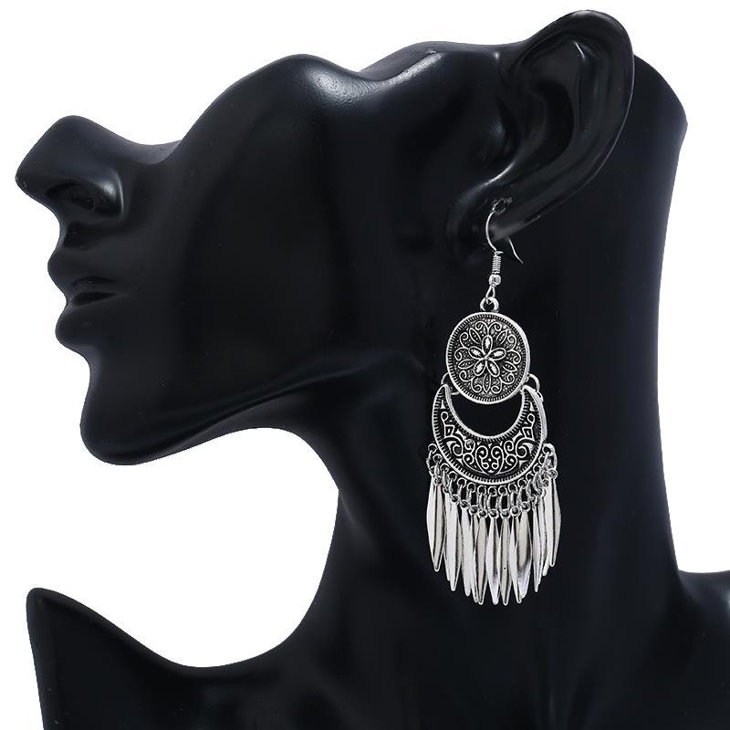 Fashion Boho Drop Long Tassel Earrings For Women Jewelry Vintage Antique Silver Plated Carved Flower Bohemian Drop Earrings
