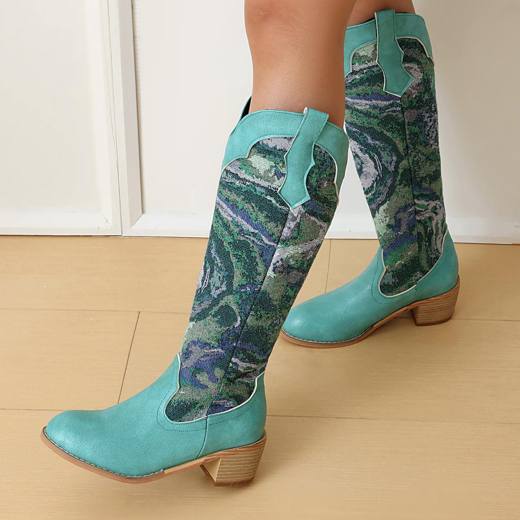 Britische hohe Stiefel, gespleißte, bedruckte Ritterstiefel, dicke Stiefel mit mittlerem Absatz, Größe 40-46, große Größen