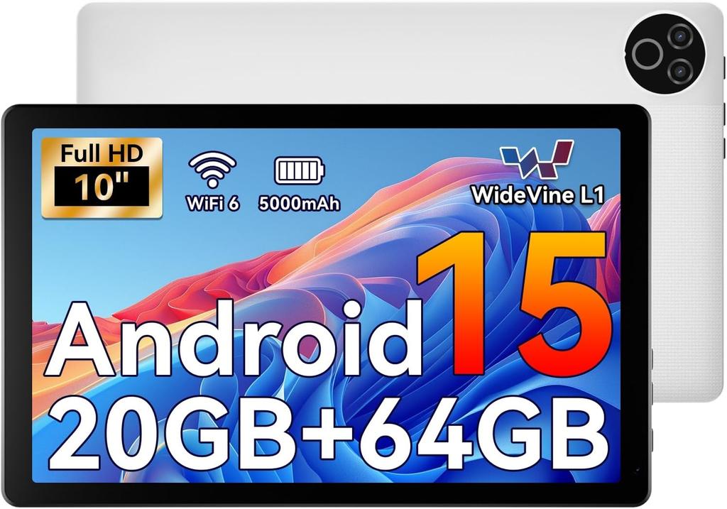 Android 15 Tablet, 10 Inch Tablet, 20GB RAM+64GB ROM (TF 1TB), 5000mAh, 1280 * 800 HD, WiFi 6, Bluetooth 5.4, Dual Cameras, Dual Speakers, Black
