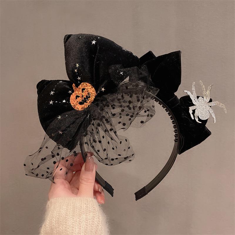 Quirky Pumpkin Bow Mesh Headband for Kids - Halloween Skull Witch Hair Accessory