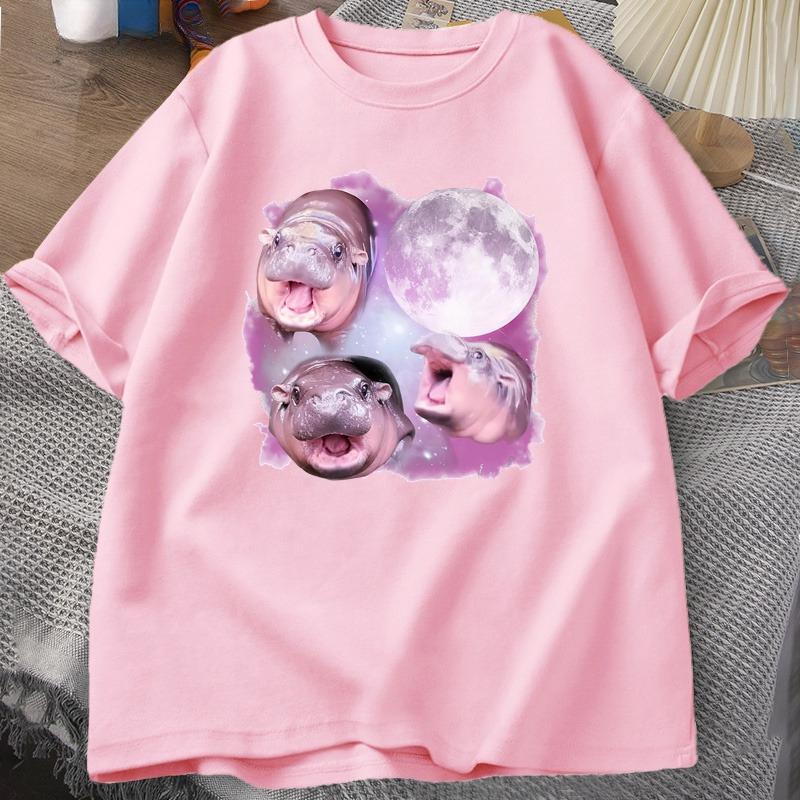Three Moo Deng Moon Tshirt Unisex WOMEN Fuuny Cartoon Cute Moodeng Tshirt Cotton Short Sleeve O Neck Unisexs WOMEN Clothing Tops