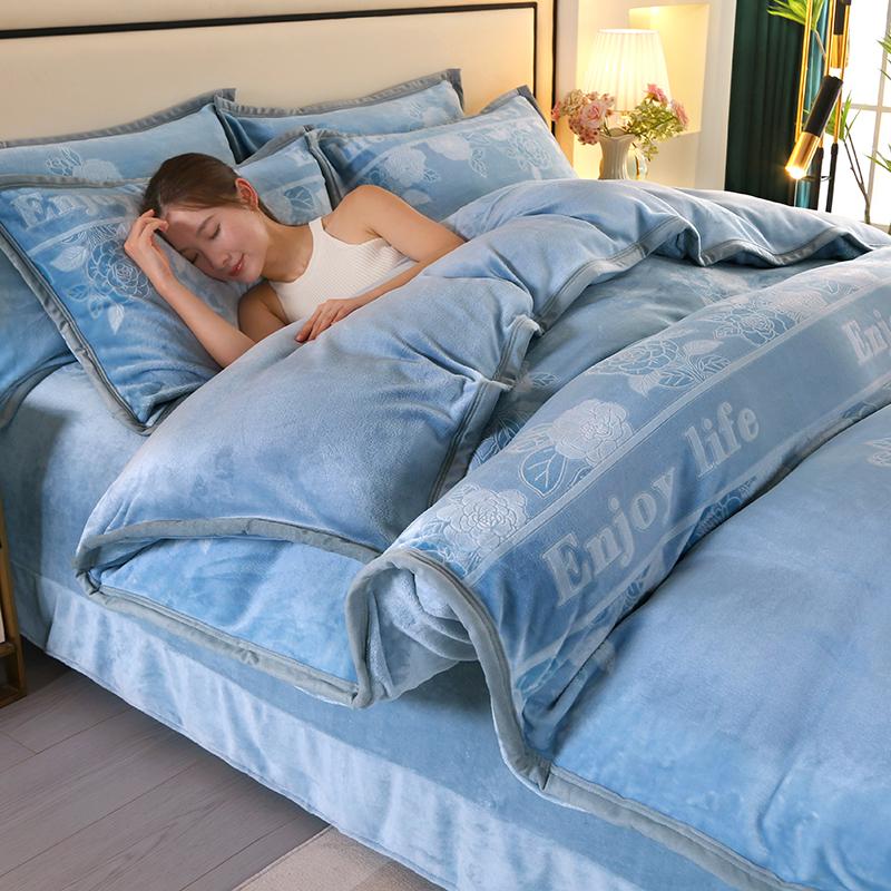 Light luxury high gram weight carved fleece milk fleece bed sheet four-piece set thickened warm bedding winter