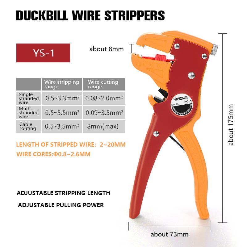 

Multi functional tool duckbill style self- wire stripping pliers for electricians, wire stripping and unplugging device