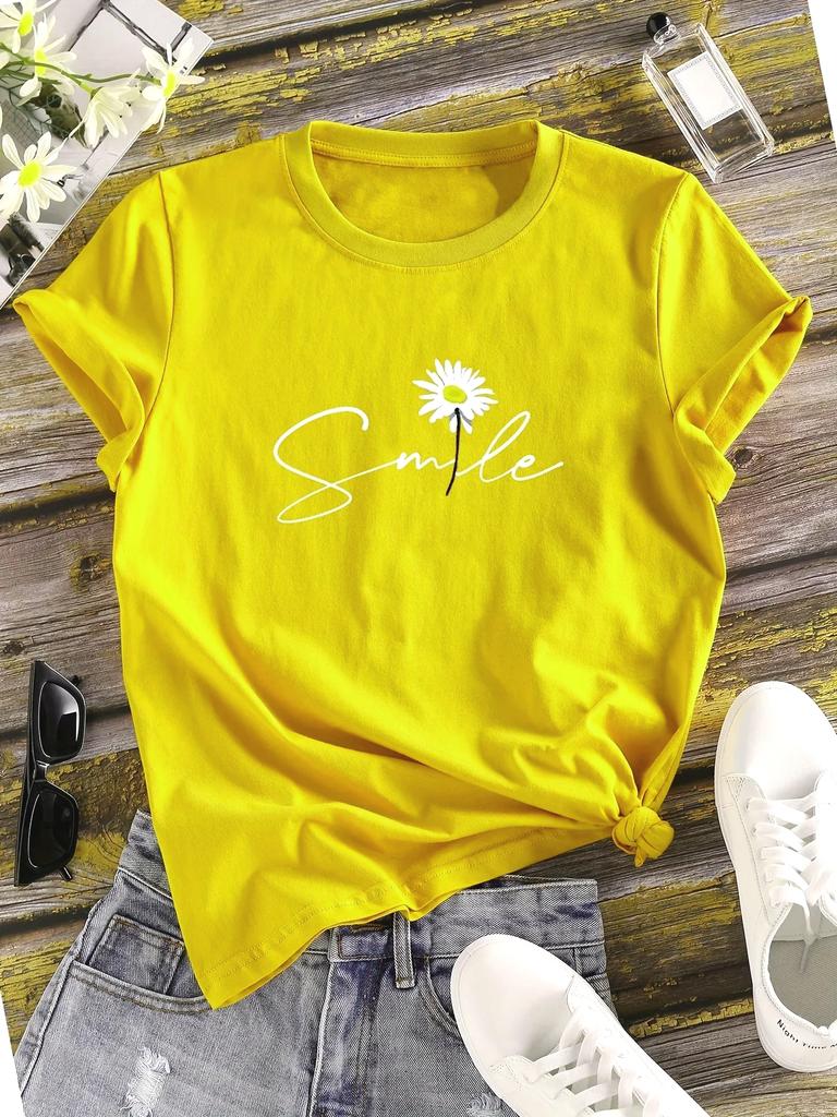 Flower & Letter Print Crew Neck T-Shirt Casual Short Sleeve Shirt for Summer New Women's Clothing Comfortable Soft Creative Tops