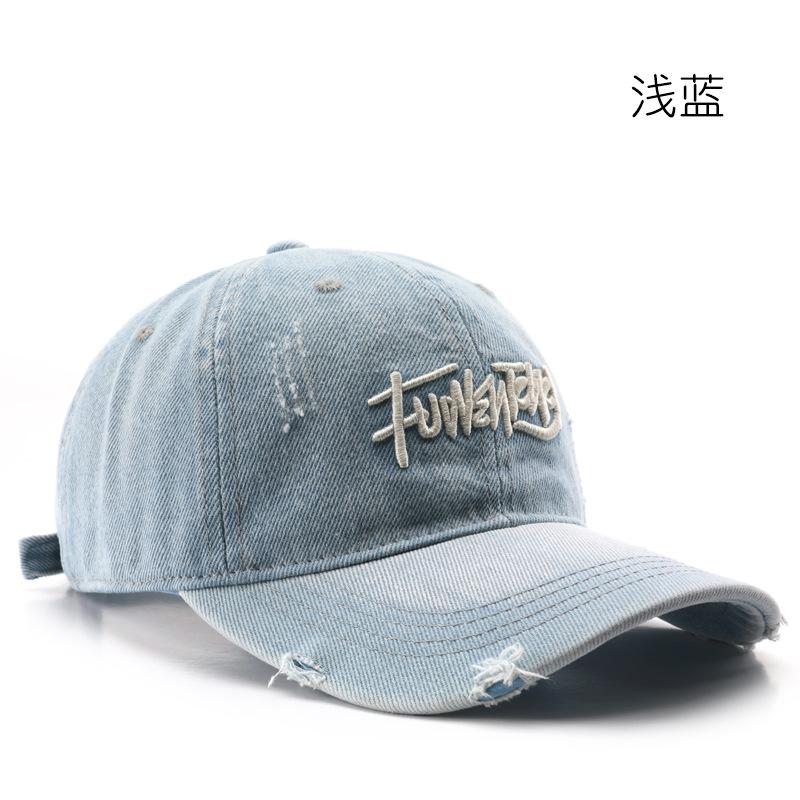 Retro washed denim baseball cap with letter embroidery, suitable for outdoor activities, travel, and sun protection