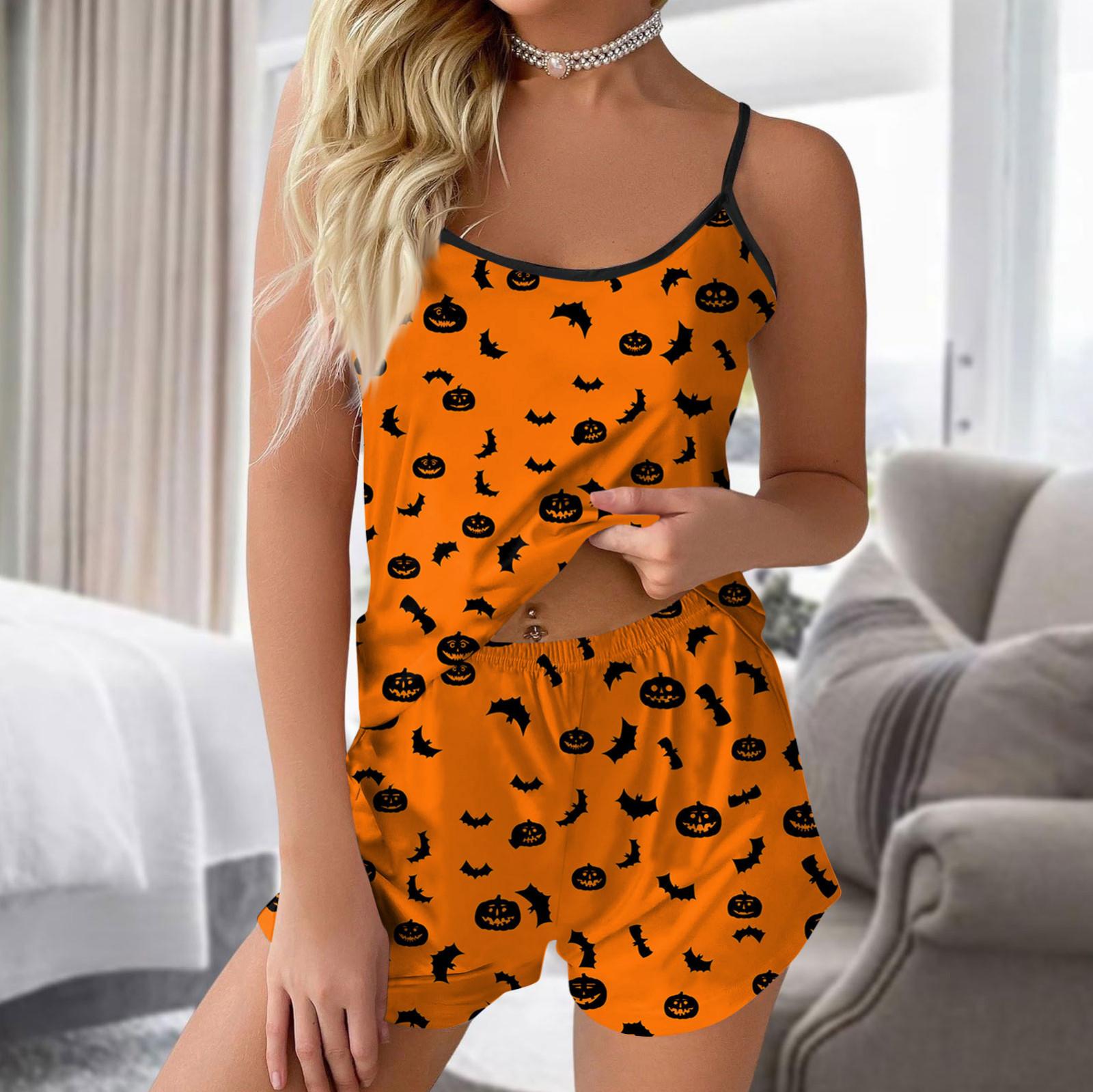 Женская мода Хэллоуин принтованный комплект без рукавов топ шорты с пижамой L белый — фото 10