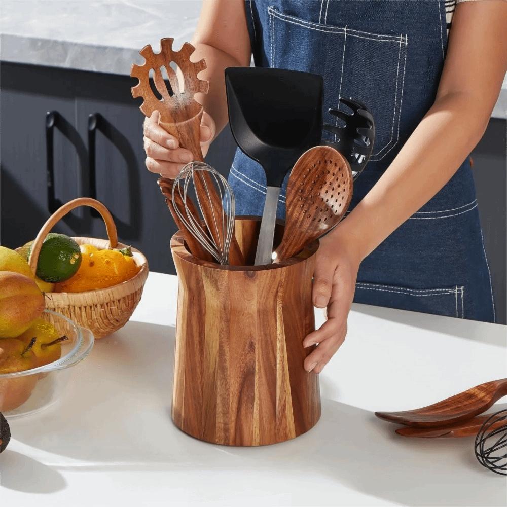 Wooden 360-Degree Rotating Utensil Holder Trapezoidal Smooth Surface Cutlery Organizer Farmhouse Style Dinnerware Rack Spatulas