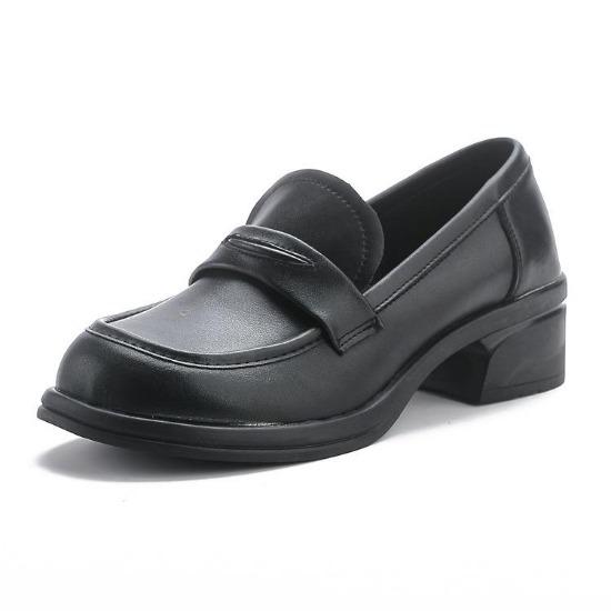 Cowhide Loafers Women's Shoes Genuine Leather Low Top Thick Heel Medium Heel Soft Sole Round Head Comfortable and Versatile Casual Office