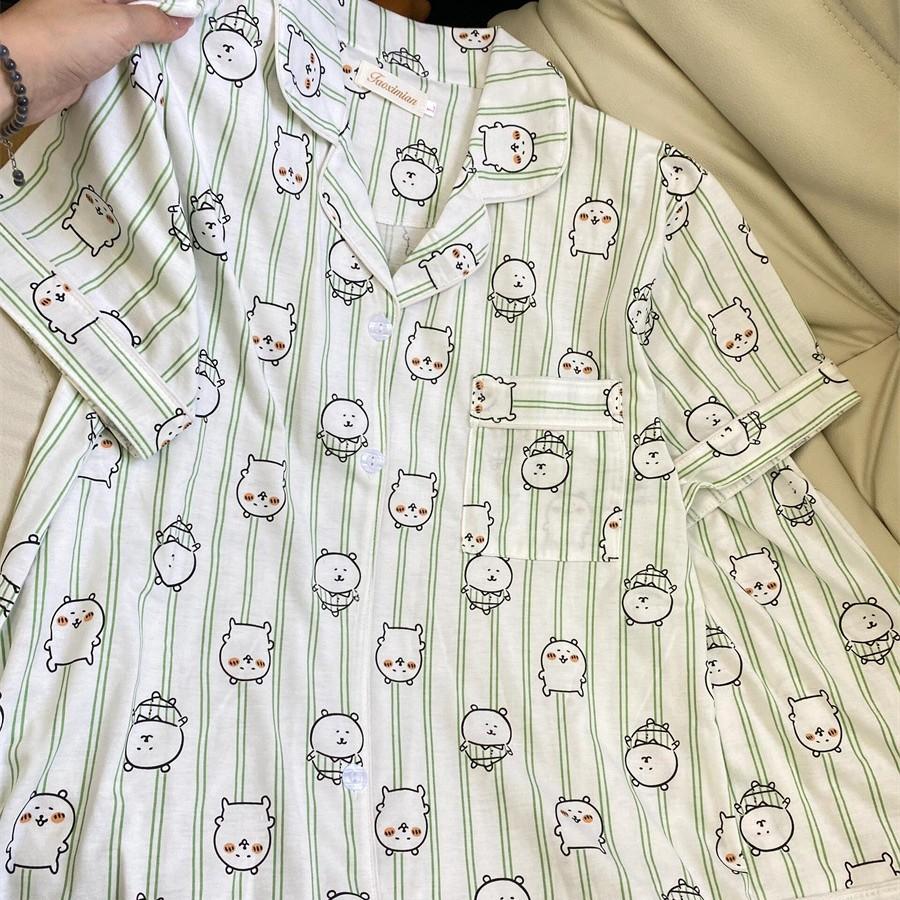 

Summer new pajamas women s short-sleeved shorts cardigan set striped self-deprecating bear two-piece set soft cute loungewear S