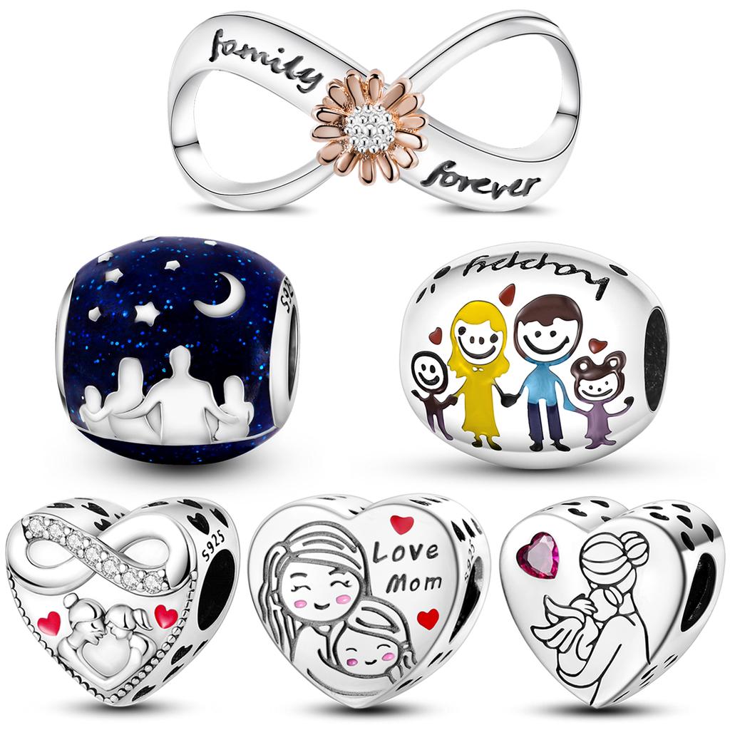 Mother's Gift Charms Bead 925 Silver Love Heart Mom's Happy Family Pendants Fit Bracelet DIY Jewelry
