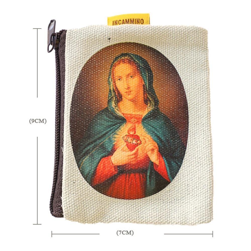 Virgin Mary Bead Storage Bag Zippered Devout Christian Jewelry Organizer Cartoon Design Elegant Rosary Storage Bag Devotees