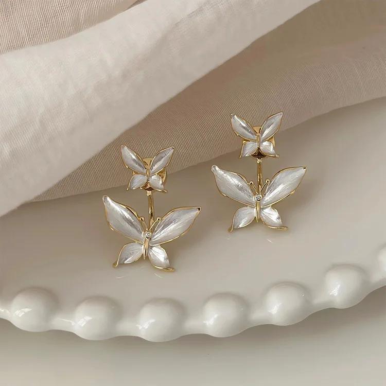 

New Arrival Cute Double White Butterfly Stud Earrings for Women Temperament Korea Earring Fashion Zircon Accessory Gift