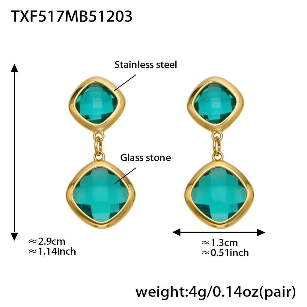 Geometric Glass Stone Earrings & Stainless Steel Bead Necklace Bracelet Set - Multi-color Patchwork Jewelry