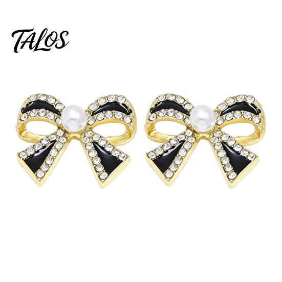 Sophisticated Gift for Her 1 Pair Sparkly Rhinestone Bow Knot Stud Earrings Women, Faux Pearl Chic Office Wear Jewelry Ribbon Earrings, Statement