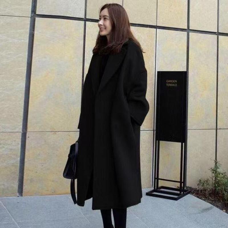 

Женское шерстяное пальто Осенне-зимнее утолщенное шерстяное пальто Свободное пальто средней длины Стройнящее и универсальное 4XL чёрный