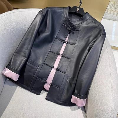 New Chinese Style Chinese Style Buckle Stand Collar Leather Jacket for Women Short for Autumn Winter New Loose Versatile Top