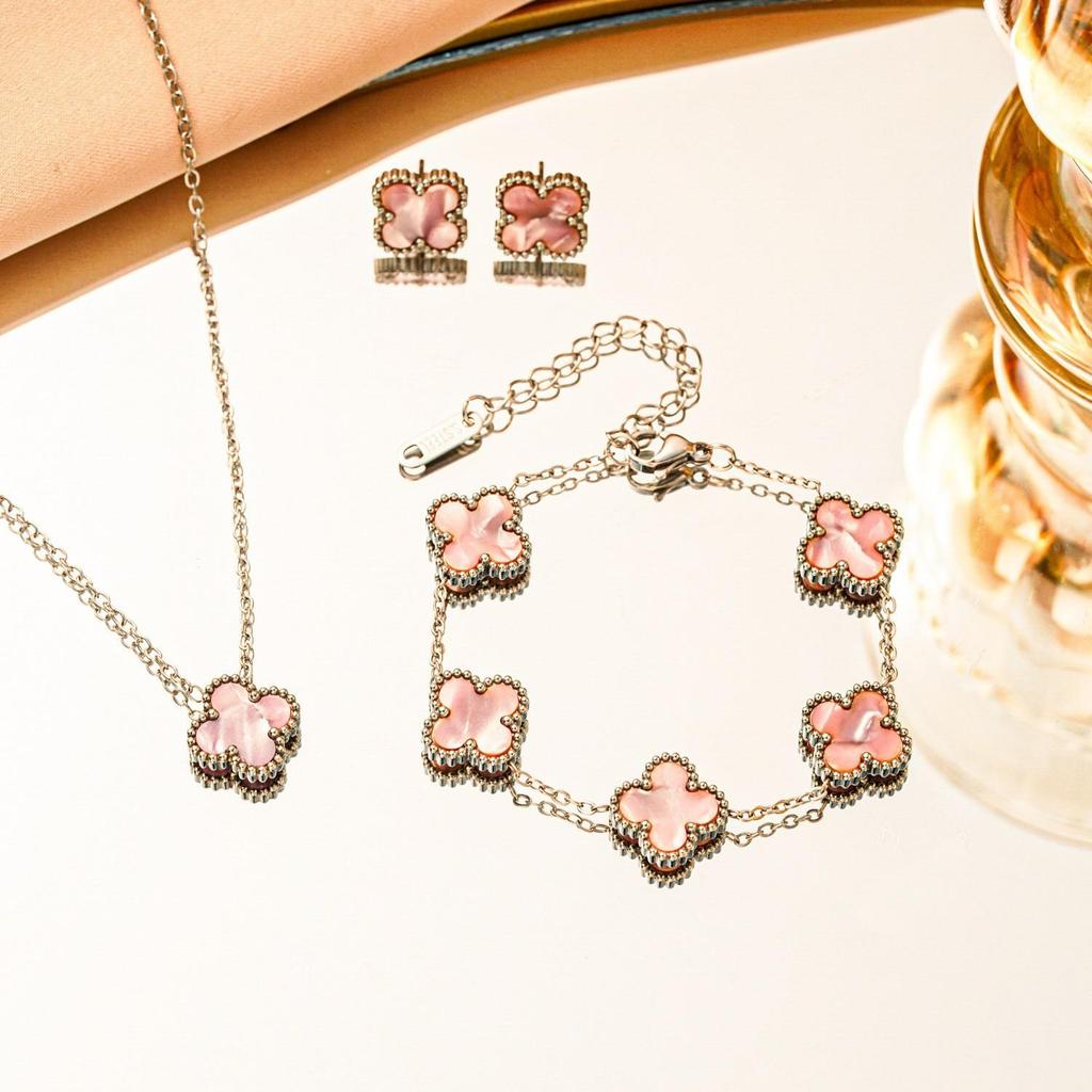 Set 3 pezzi collana bracciale orecchini quadrifoglio double-face in acciaio al titanio