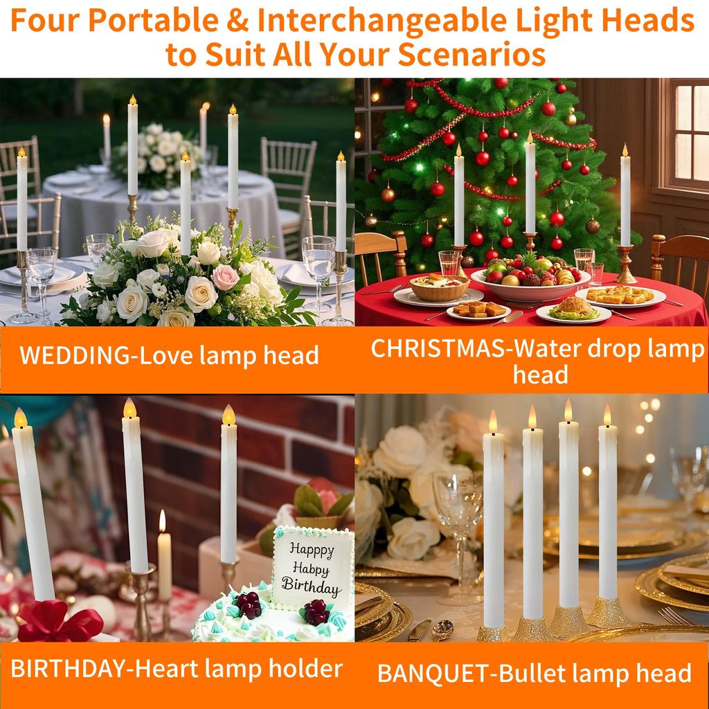 Rechargeable Taper Candles with Remote & 24Pcs Plastic Lamp Head Flickering Flameless Dripping Wax Window Candlesticks Home Deco
