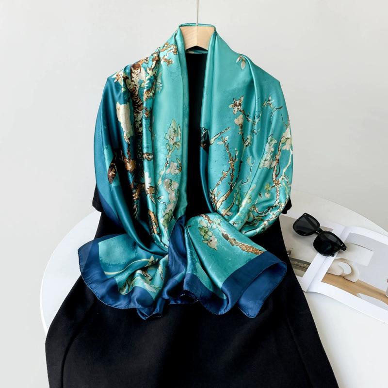 Spring and Summer Thin Silk Scarf High-end Printed Long Scarf New Satin Travel Sunscreen Scarf National Style Cloak
