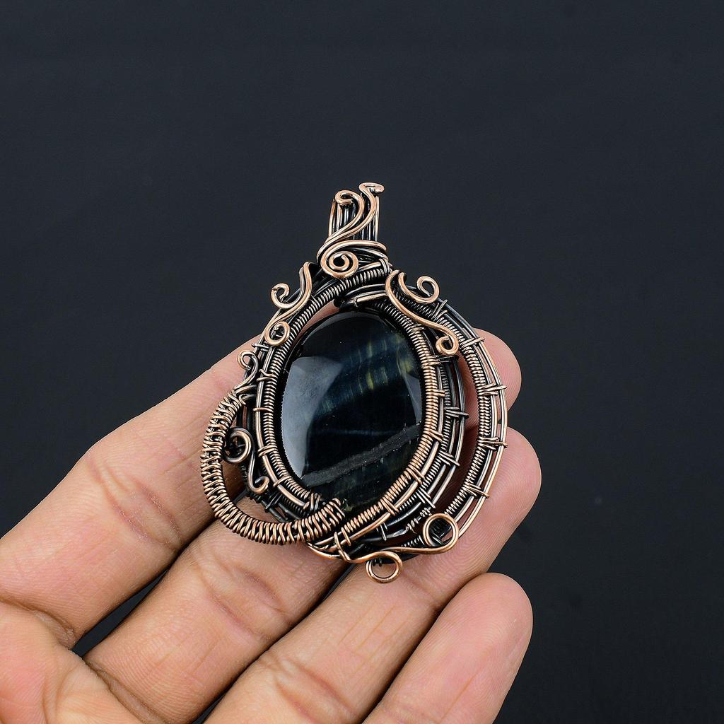 Blue Tiger Eye Pendant, 999 Copper Wire Wrapped Pendant Jewelry. Gift For Women Handmade Pendant Gemstone Jewelry