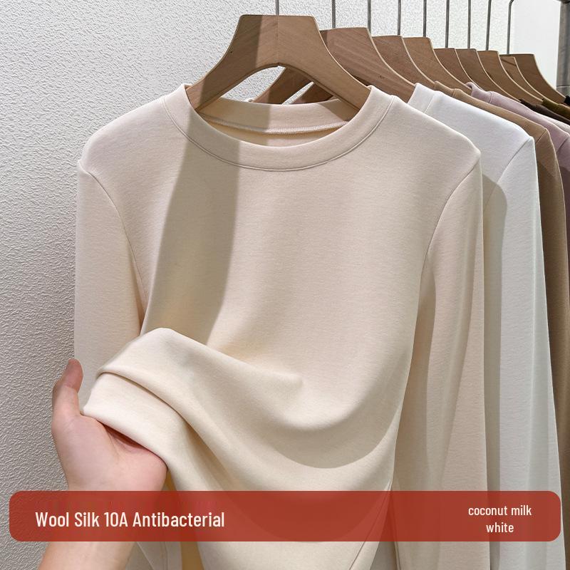 Women's Wool Silk Round Neck Base Layer Shirt - Autumn/Winter 2025 Collection, Velvet-Thickened for Warmth