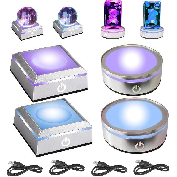 6 Colors LED Light Base Show Stand Display Plate with Sensitive Touch Switch for 3D Laser Crystal Glass Art, 2 Round + 2 Square, blue
