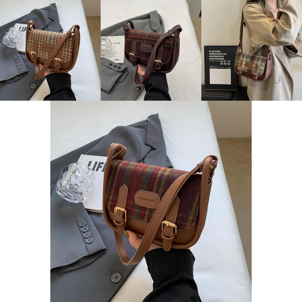 2024 Winter New Plaid Cloth Bag Fashion Casual Shoulder Bag Commuter Simple Crossbody Bag Retro Women's Bag Red Plaid Coffee