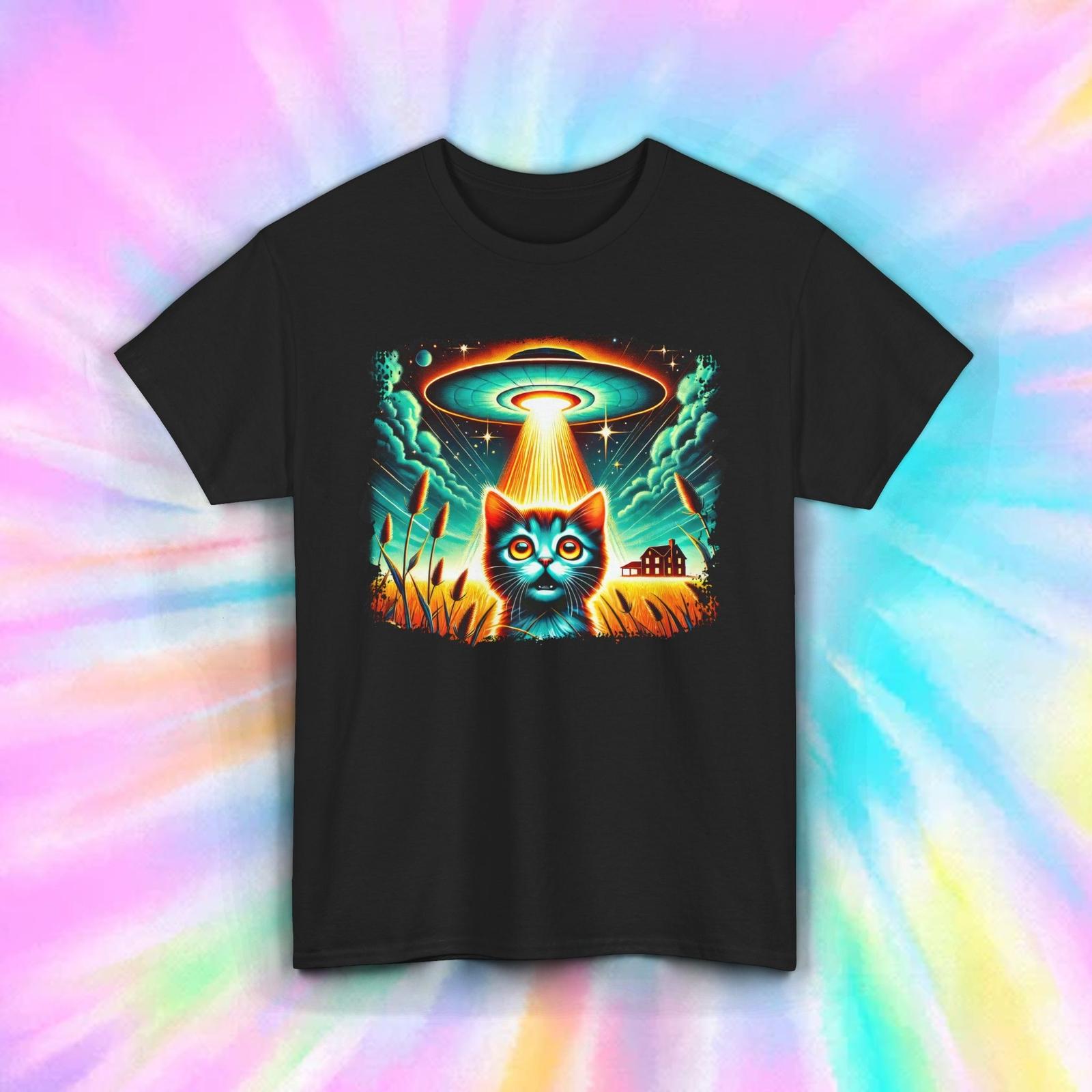 UFO Cat Shirt Alien Abduction Funny Space Galaxy Graphic Tee S-5XL S