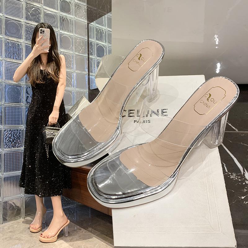 Fashion Women's Crystal Transparent High-heeled Slippers Mid Heeled Summer Sandals PVC Jelly Women's Open Toed Transparent Comfort
