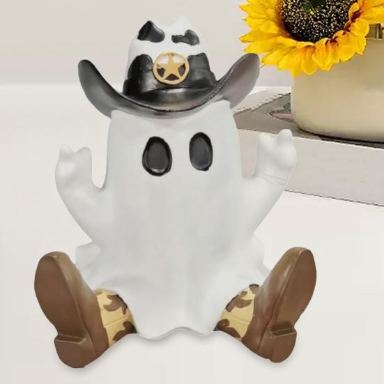 Halloween Cowboy Ghost Figurine Resin Ghost Wearing Cowboy Hat Boots Tabletop Ghost Statue for Home Party Centerpiece Indoor Outdoor