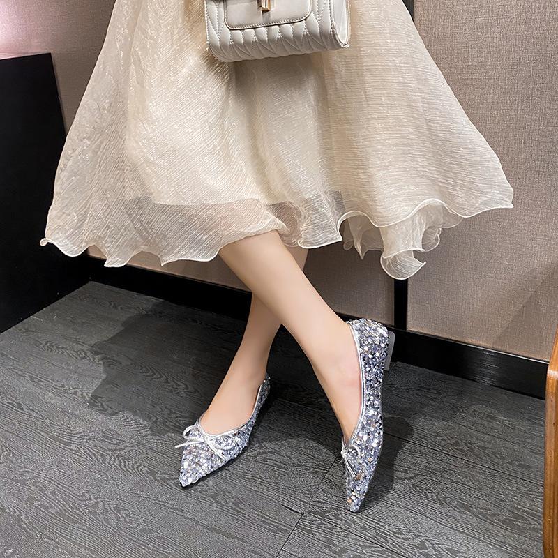 Fashion Flat Shoes for Women 2025 Spring Autumn Sequins Shallow Bling Pointed Toe Bow luxury Large Size Women's Shoes 41 42 43