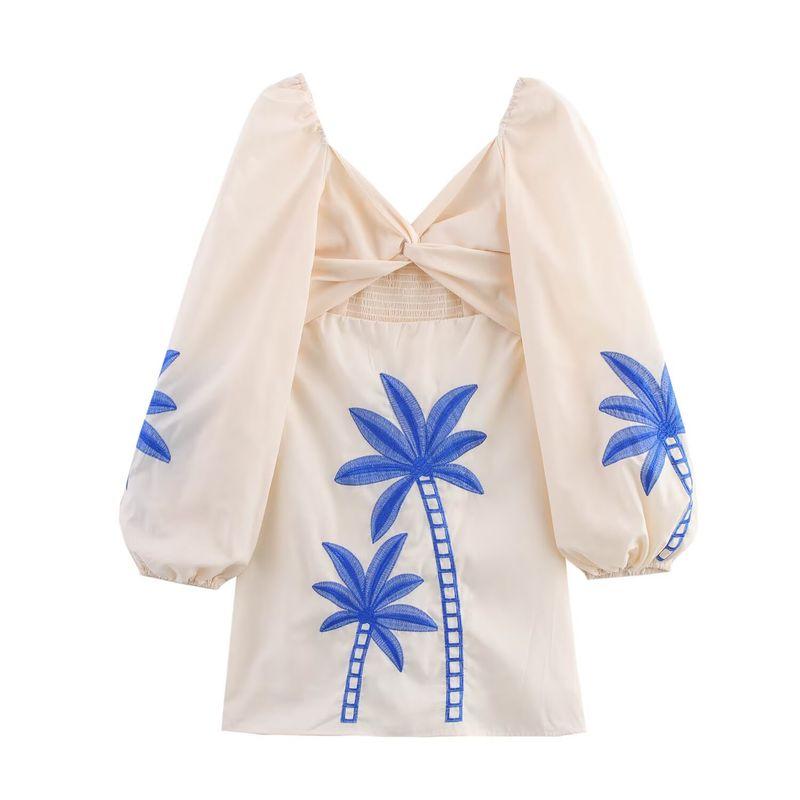 

Kaslead New Women clothes Western Style Fashion Waist Hollow Design Embroidery Dress Beige L